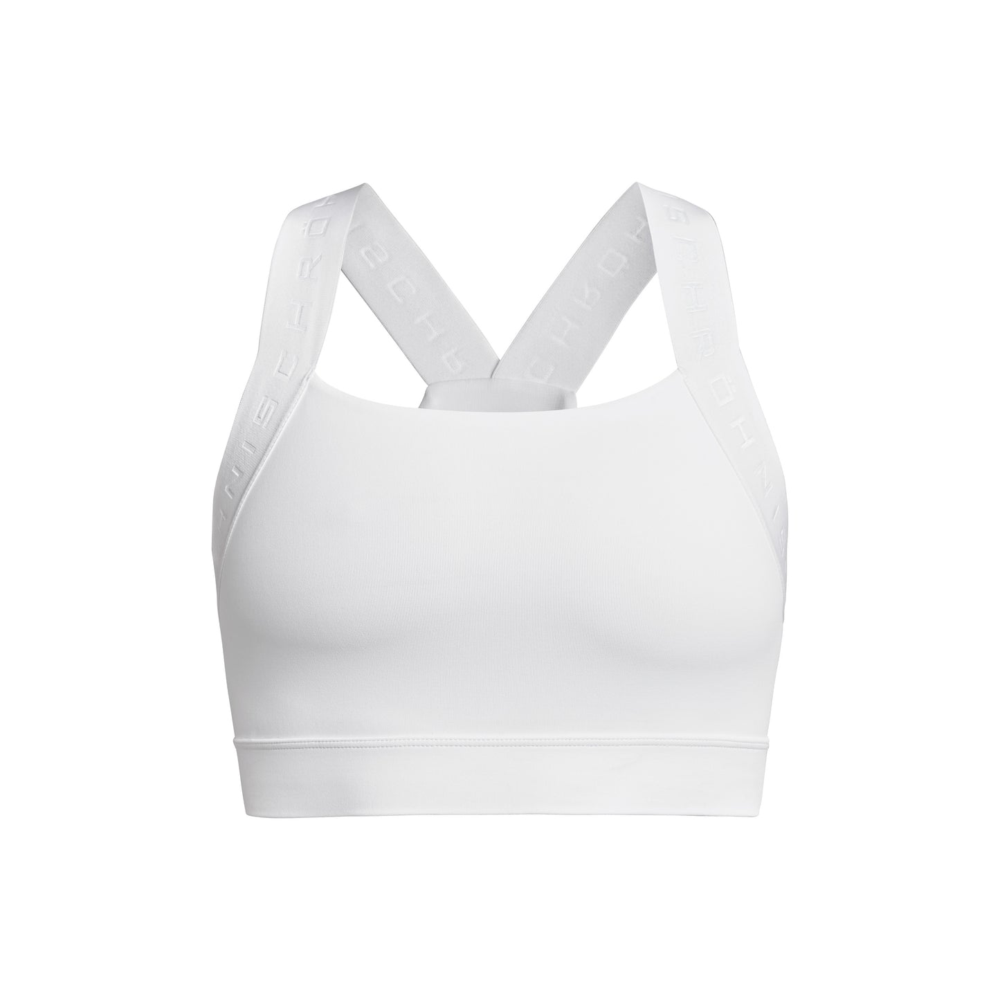 The Kay Sports Bra by Rohnisch is a white sports bra crafted from recycled polyester. It features wide crisscross straps and a seamless design, offering optimal comfort and moisture-wicking performance.