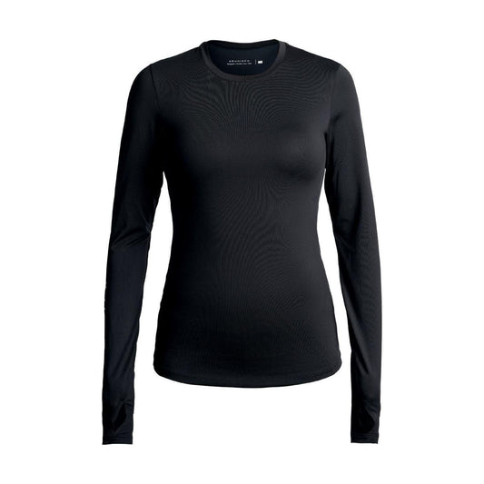 Rohnisch's Team Logo Long Sleeve, a black crew neck shirt made from recycled polyester with a subtle logo on the sleeve, is ideal for eco-conscious fashion lovers who value style and sustainability. Displayed against a white background, it embodies both elegance and responsibility.