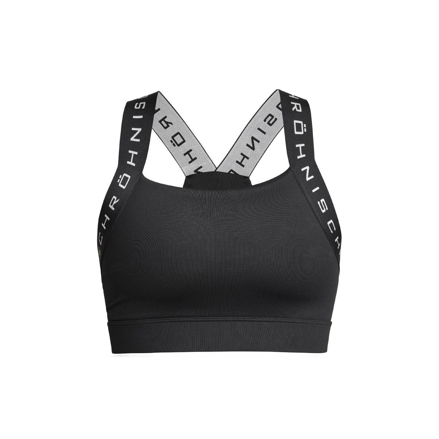 The Kay Sports Bra by Rohnisch features thick branded shoulder straps crossed at the back, displays "RÖHNISCH," and is made from moisture-wicking recycled polyester.