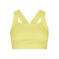 The Kay Sports Bra by Rohnisch is yellow and made from recycled polyester. It features a racerback design, thick straps, and moisture-wicking properties.