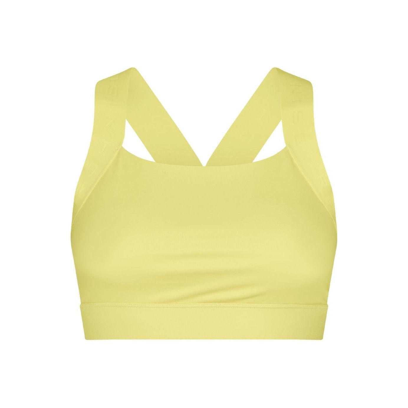 The Kay Sports Bra by Rohnisch is yellow and made from recycled polyester. It features a racerback design, thick straps, and moisture-wicking properties.