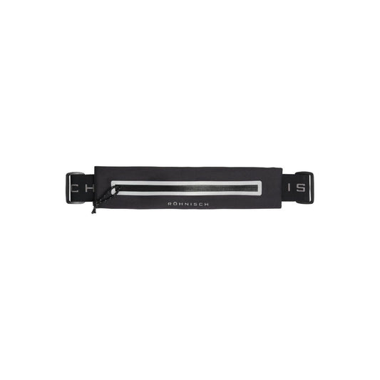 An Issa Expandable Running Belt in black from On Running, made from recycled material and featuring a water-resistant zipper pocket and adjustable waistband.