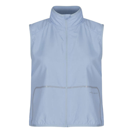 The Lightweight Running Vest in Skyway by On Running is a light blue, sleeveless windbreaker made from recycled polyester, featuring a front zipper and reflective details.
