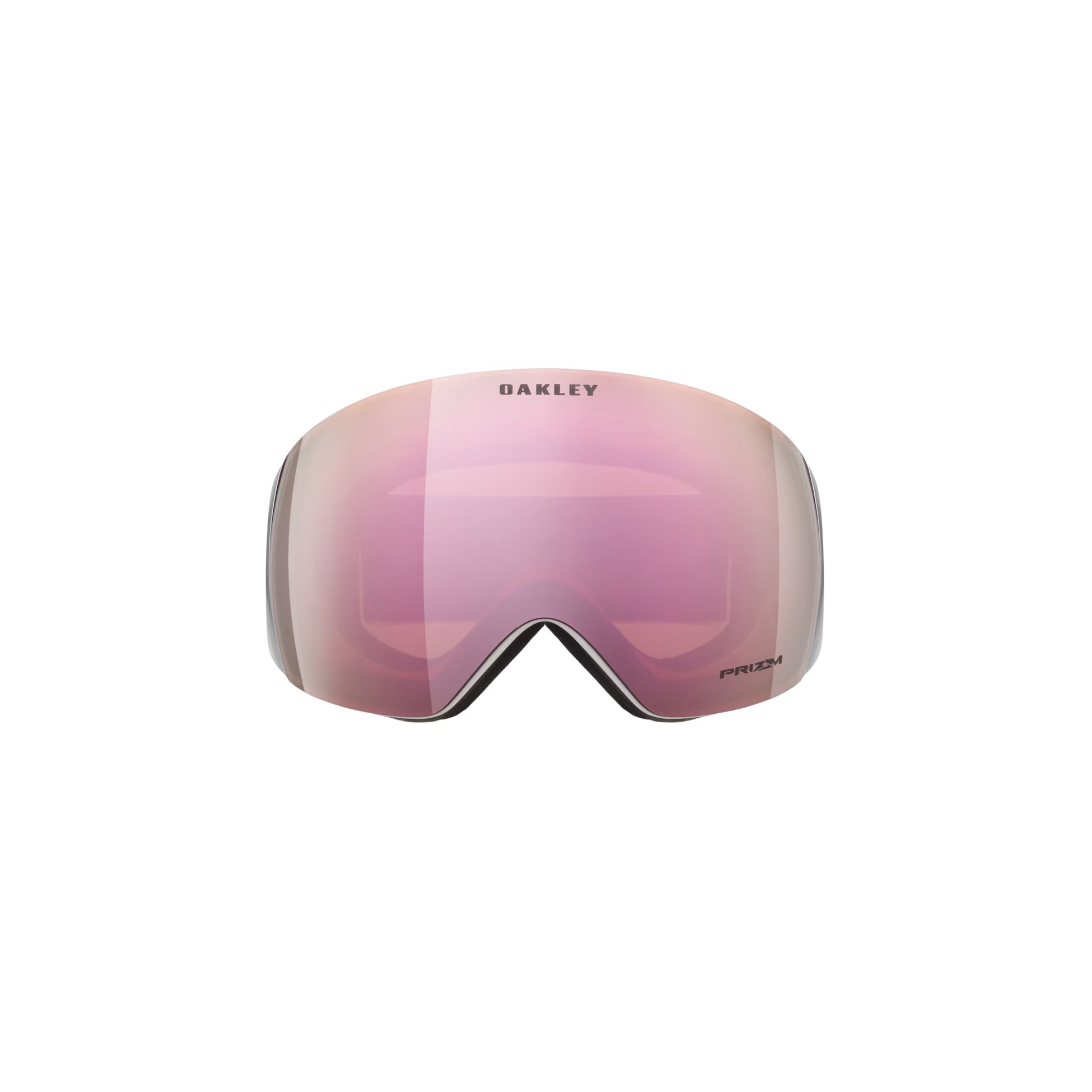 Oakley's Flight Deck Goggles feature a reflective pink lens and Ridgelock Technology for seamless compatibility, displayed on a white background.