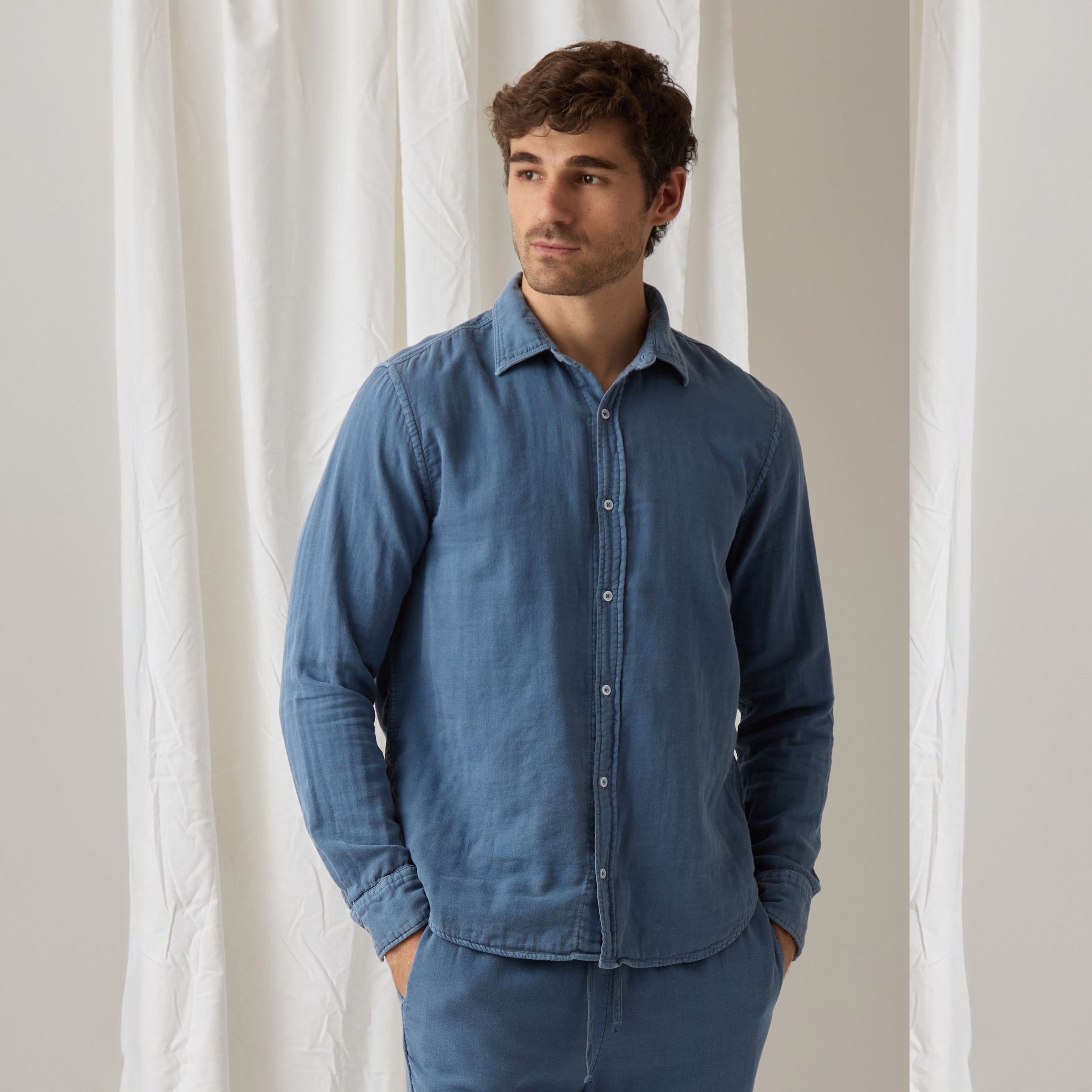 Save Khaki M Button Down Shirt Triple Gauze Easy Shirt, Union Blue