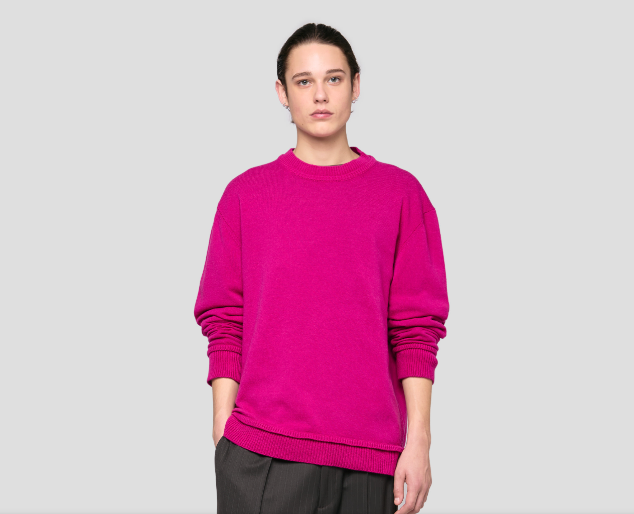 Seven Gauge U Sweater Wool Cashmere Crewneck Sweater - Fucsia