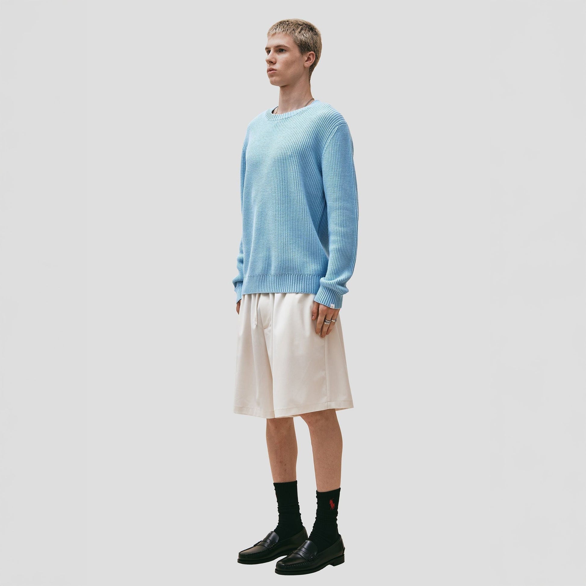 Seven Gauge U Sweater Wool Cotton Crewneck Sweater, Azzurro