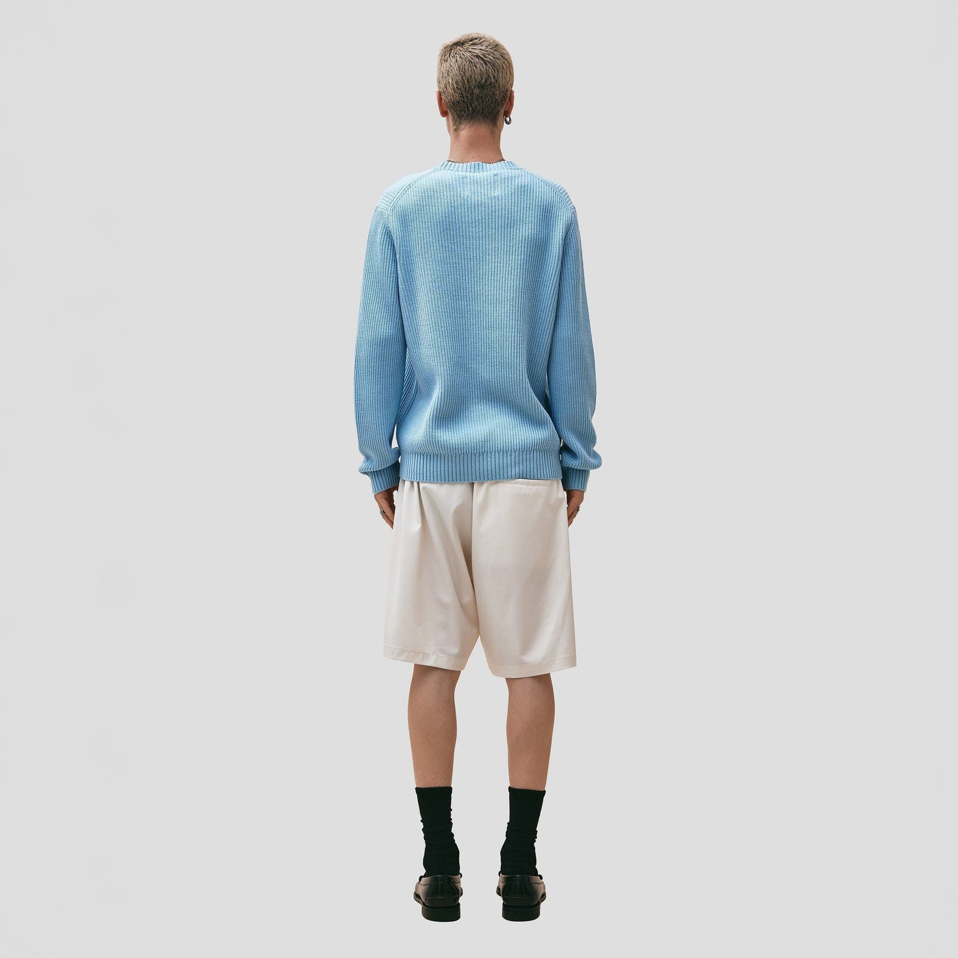 Seven Gauge U Sweater Wool Cotton Crewneck Sweater, Azzurro