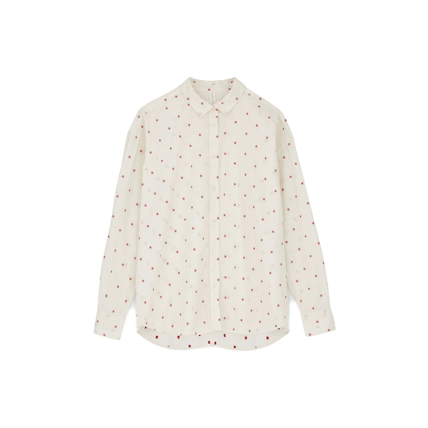 Meet the Shirt Flore by Aiayu: an elegant white long-sleeve button-up made from organic cotton with a chic red dot pattern. Finished with eco-friendly buttons and presented on a simple backdrop, it's ideal for the eco-conscious trendsetter.