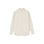 Meet the Shirt Flore by Aiayu: an elegant white long-sleeve button-up made from organic cotton with a chic red dot pattern. Finished with eco-friendly buttons and presented on a simple backdrop, it's ideal for the eco-conscious trendsetter.