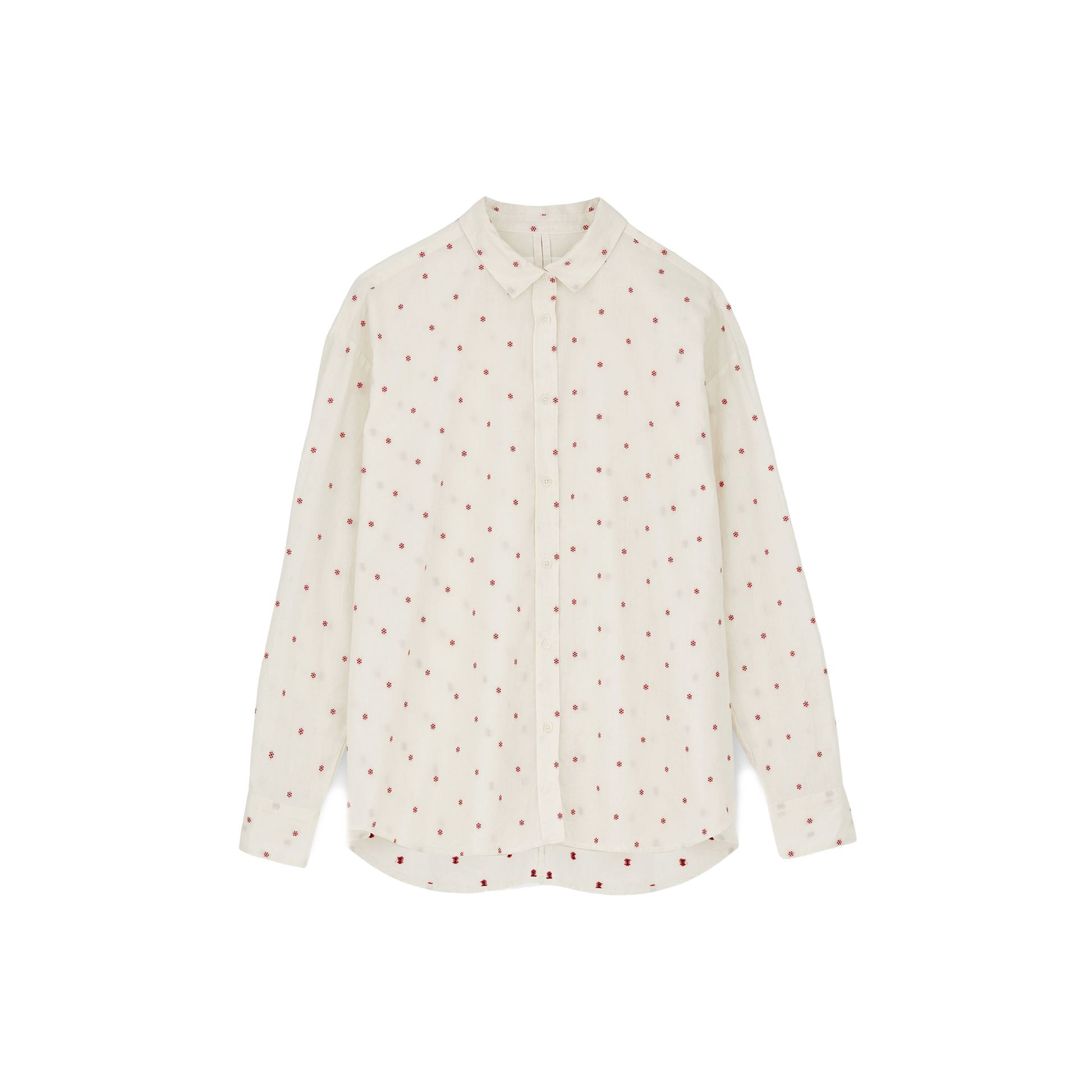 Meet the Shirt Flore by Aiayu: an elegant white long-sleeve button-up made from organic cotton with a chic red dot pattern. Finished with eco-friendly buttons and presented on a simple backdrop, it's ideal for the eco-conscious trendsetter.
