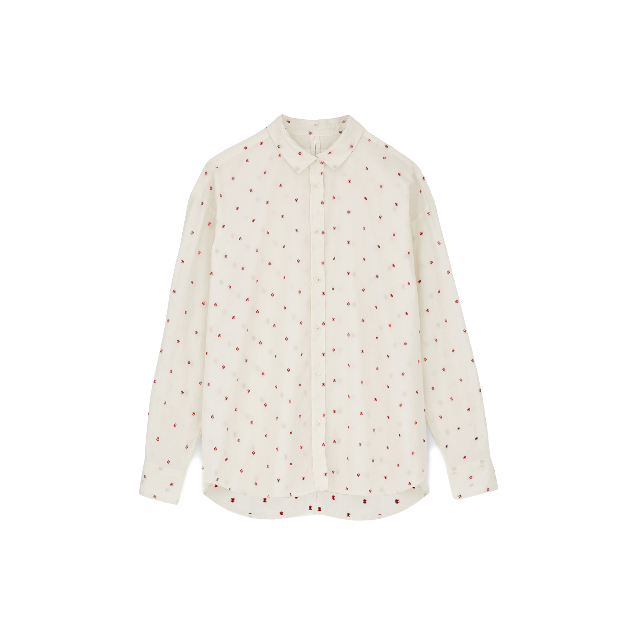 Meet the Shirt Flore by Aiayu: an elegant white long-sleeve button-up made from organic cotton with a chic red dot pattern. Finished with eco-friendly buttons and presented on a simple backdrop, it's ideal for the eco-conscious trendsetter.