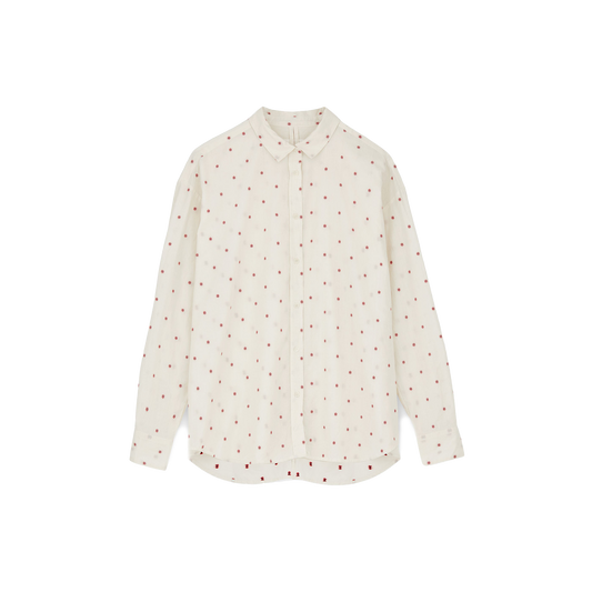 Meet the Shirt Flore by Aiayu: an elegant white long-sleeve button-up made from organic cotton with a chic red dot pattern. Finished with eco-friendly buttons and presented on a simple backdrop, it's ideal for the eco-conscious trendsetter.