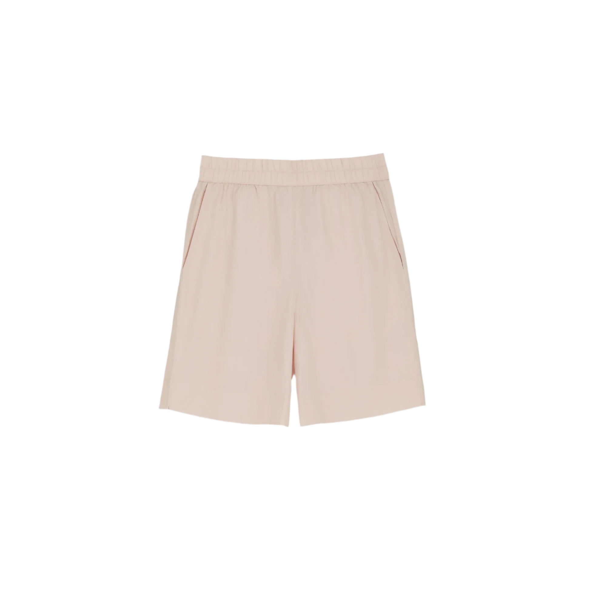 Aiayu's "Shorts Long" are beige, knee-length summer shorts made from organic cotton with an elastic waistband and two side pockets, shown against a white background.