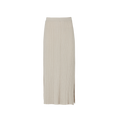 The beige Seinne Linen Skirt by Aiayu is a ribbed-knit midi tube design crafted from organic cotton, featuring a subtle slit at the bottom, set against a plain white background.