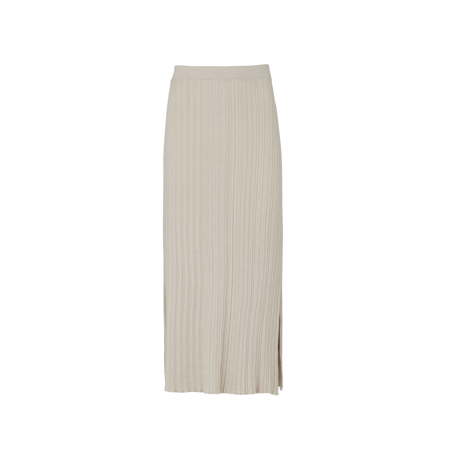The beige Seinne Linen Skirt by Aiayu is a ribbed-knit midi tube design crafted from organic cotton, featuring a subtle slit at the bottom, set against a plain white background.