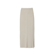The beige Seinne Linen Skirt by Aiayu is a ribbed-knit midi tube design crafted from organic cotton, featuring a subtle slit at the bottom, set against a plain white background.