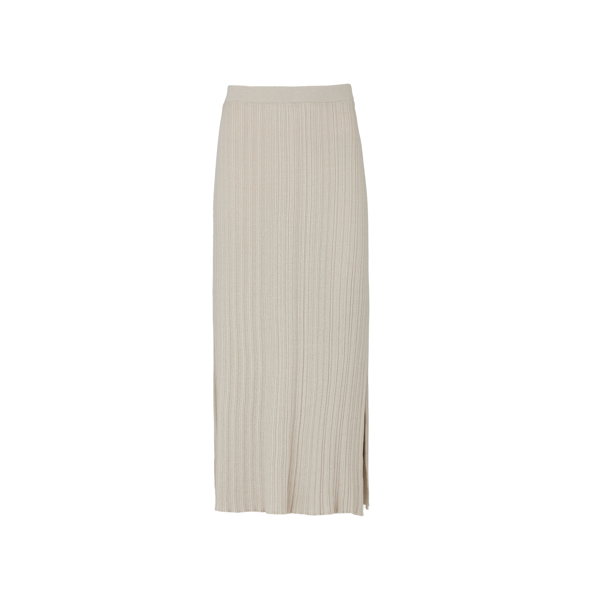 The beige Seinne Linen Skirt by Aiayu is a ribbed-knit midi tube design crafted from organic cotton, featuring a subtle slit at the bottom, set against a plain white background.