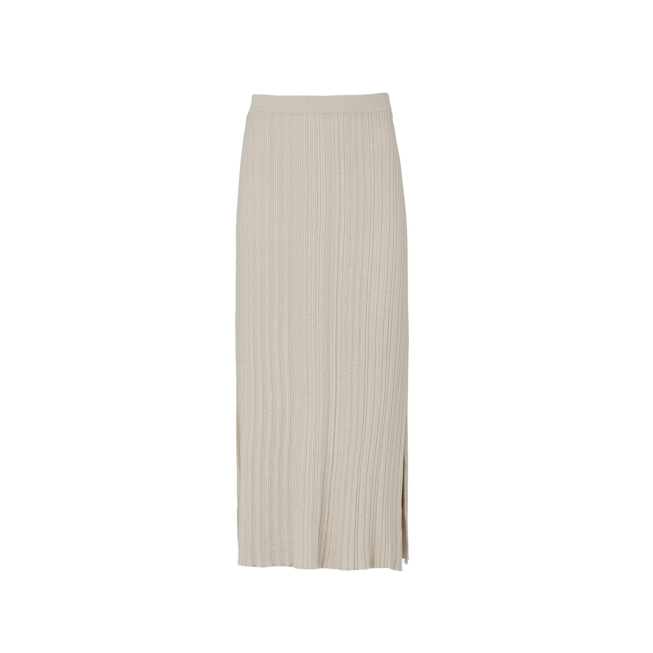 The beige Seinne Linen Skirt by Aiayu is a ribbed-knit midi tube design crafted from organic cotton, featuring a subtle slit at the bottom, set against a plain white background.