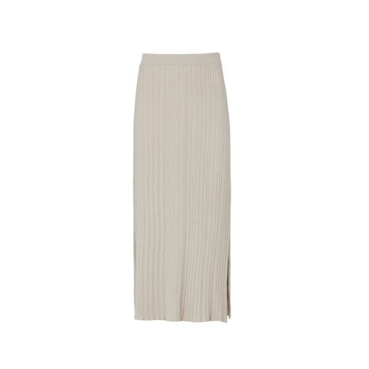 The beige Seinne Linen Skirt by Aiayu is a ribbed-knit midi tube design crafted from organic cotton, featuring a subtle slit at the bottom, set against a plain white background.