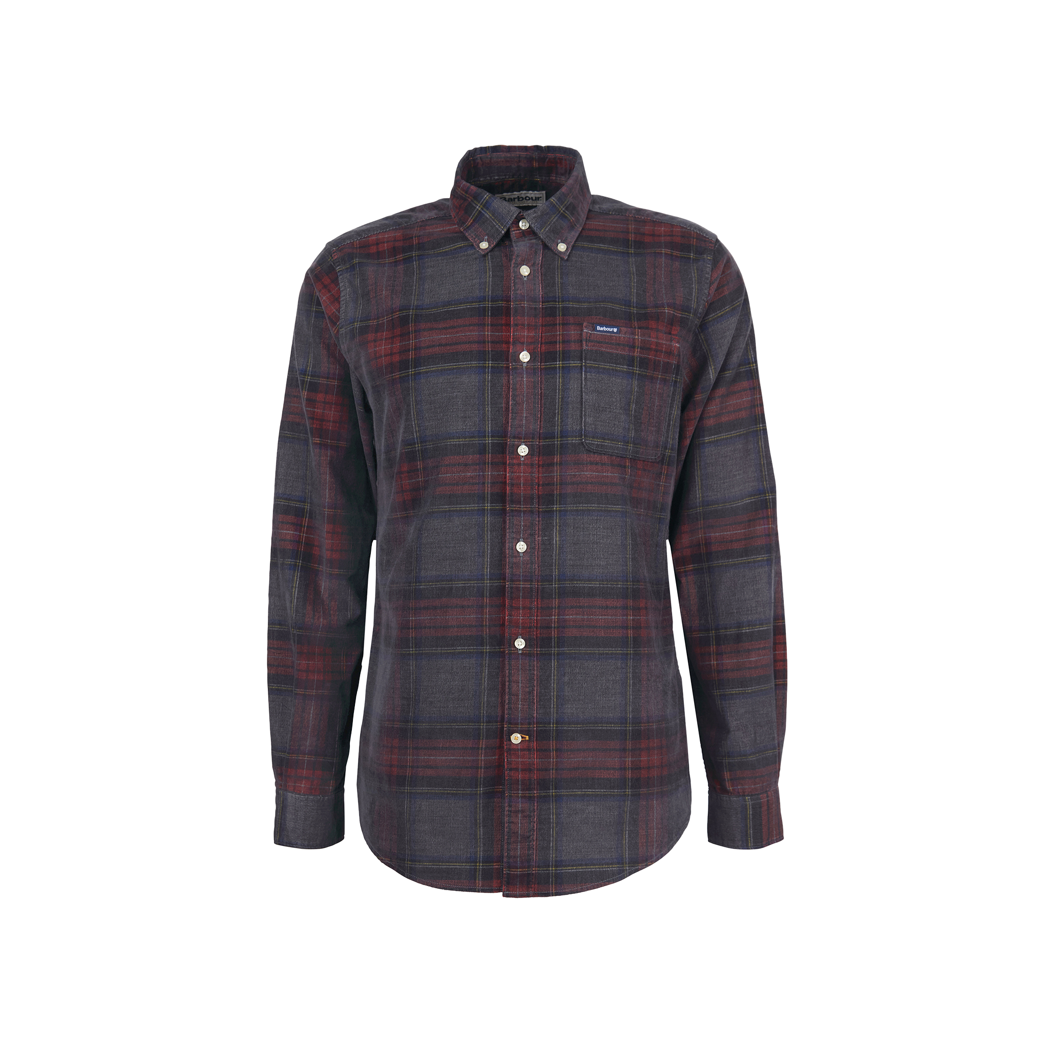 The Southfield Tailored Shirt by Barbour is a long-sleeve flannel shirt featuring a button-down collar, red, black, and grey plaid pattern, and a front chest pocket.
