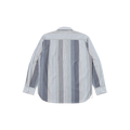 The Square Pocket Shirt by Universal Works is a relaxed-fitting, long-sleeve button-up with a contemporary silhouette. It features vertical stripes in a range of blue and white tones and is crafted from 100% cotton. Its stylish design is highlighted from the back for a chic, modern appearance.