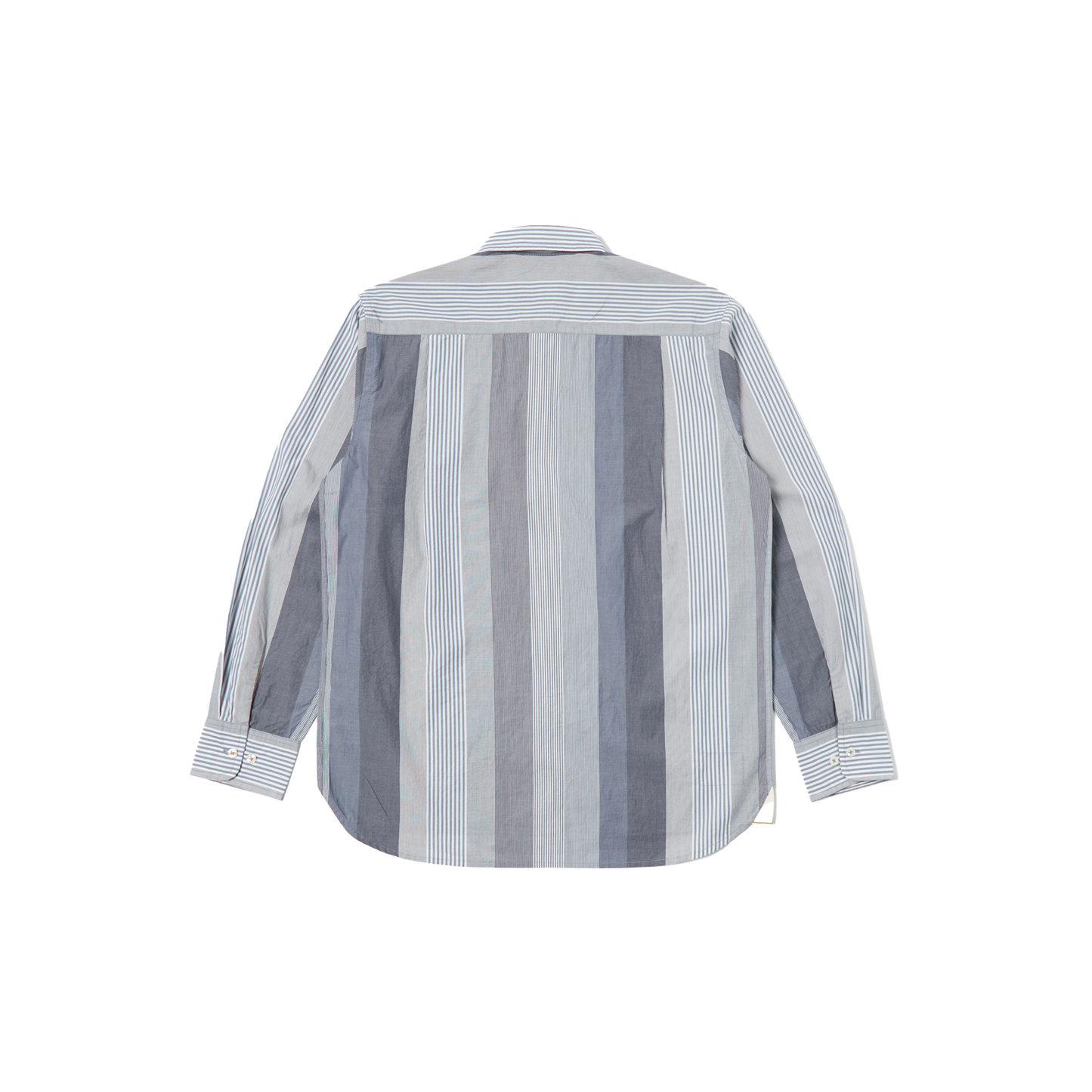 The Square Pocket Shirt by Universal Works is a relaxed-fitting, long-sleeve button-up with a contemporary silhouette. It features vertical stripes in a range of blue and white tones and is crafted from 100% cotton. Its stylish design is highlighted from the back for a chic, modern appearance.