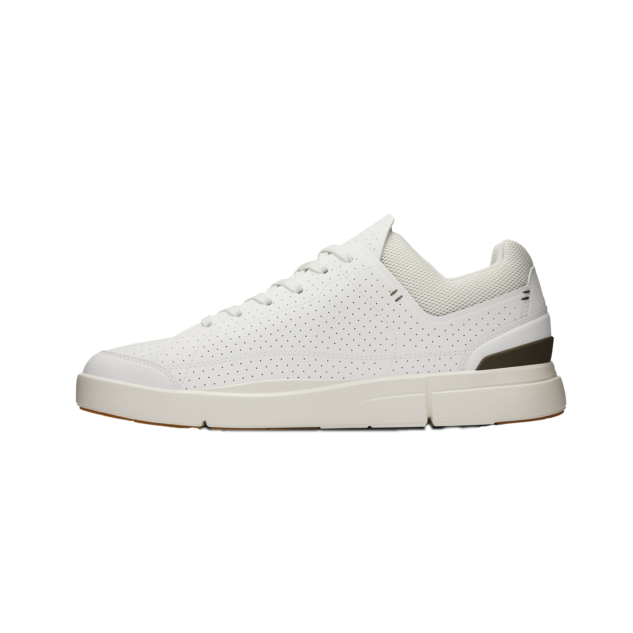 The Men's The Roger Centre Court by On Running is displayed in a side view, showcasing its white, tennis-inspired design with perforations, a padded collar, and textured sole featuring CloudTec® technology against a plain background.