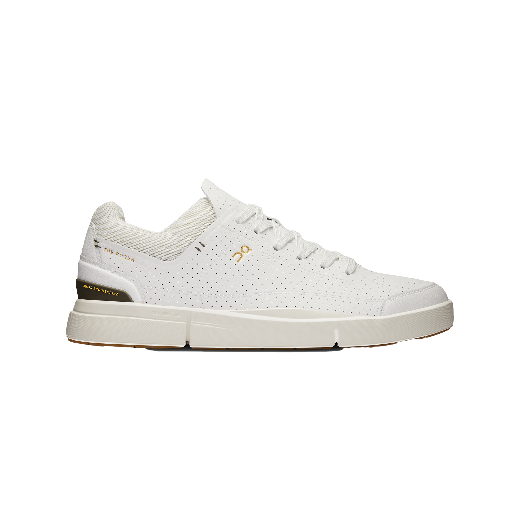 Men's The Roger Centre Court by On Running features tennis-inspired, white athletic sneakers with a perforated design, lace-up front, and light tan heel accents. Enhanced with CloudTec® cushioning for ultimate comfort.