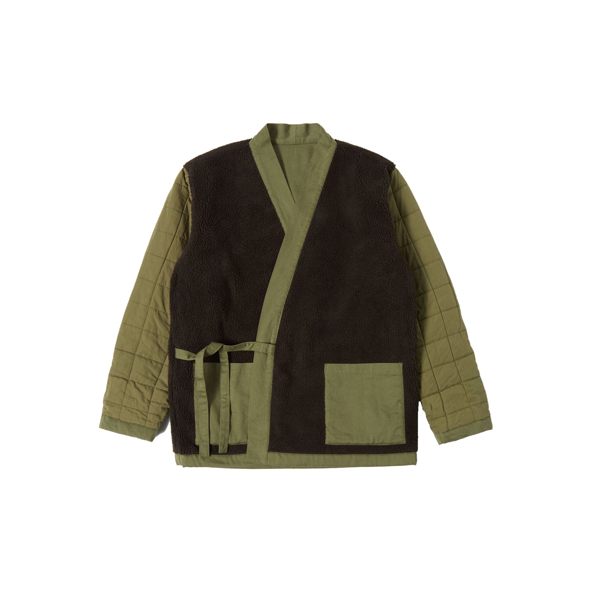 Dark green and brown quilted, Universal Works Reversible Kyoto Work Jacket displayed against a white background.