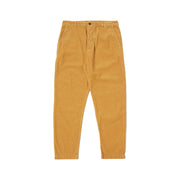 Universal Works' Military Chino Corduroy in Corn features a relaxed fit with front button and zipper, mid-rise design, and two side pockets, making these military-inspired trousers perfect for any casual outing.