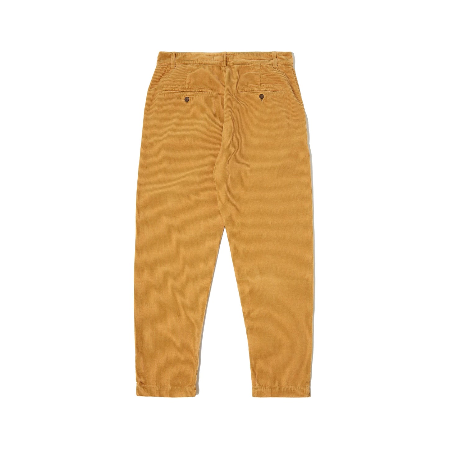 Back view of Military Chino Corduroy pants in corn color by Universal Works, featuring a mid-rise fit and two rear pockets, displayed on a white background.
