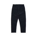 Universal Works' Military Chino Corduroy trousers in navy feature a button and zipper closure, front and back pockets, and are depicted on a plain white background. These loose fit chinos deliver both comfort and style for any event.