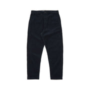 Universal Works' Military Chino Corduroy trousers in navy feature a button and zipper closure, front and back pockets, and are depicted on a plain white background. These loose fit chinos deliver both comfort and style for any event.