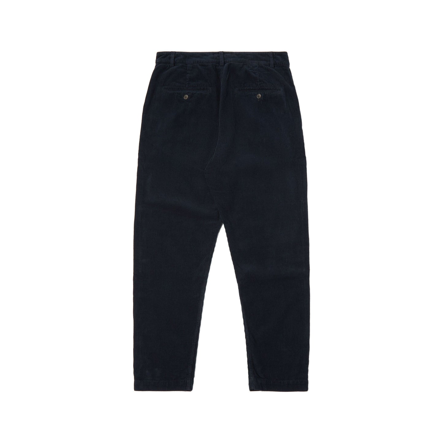 Navy Military Chino Corduroy by Universal Works featuring a military-inspired design with two back pockets and a slightly tapered leg, displayed flat on a white background.