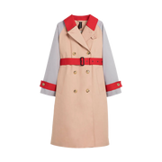 The Mackintosh W Ava trench coat, featuring a beige front, red collar, buckled belt, gold buttons, and light blue sleeves, captures the timeless appeal of classic Mackintosh style.