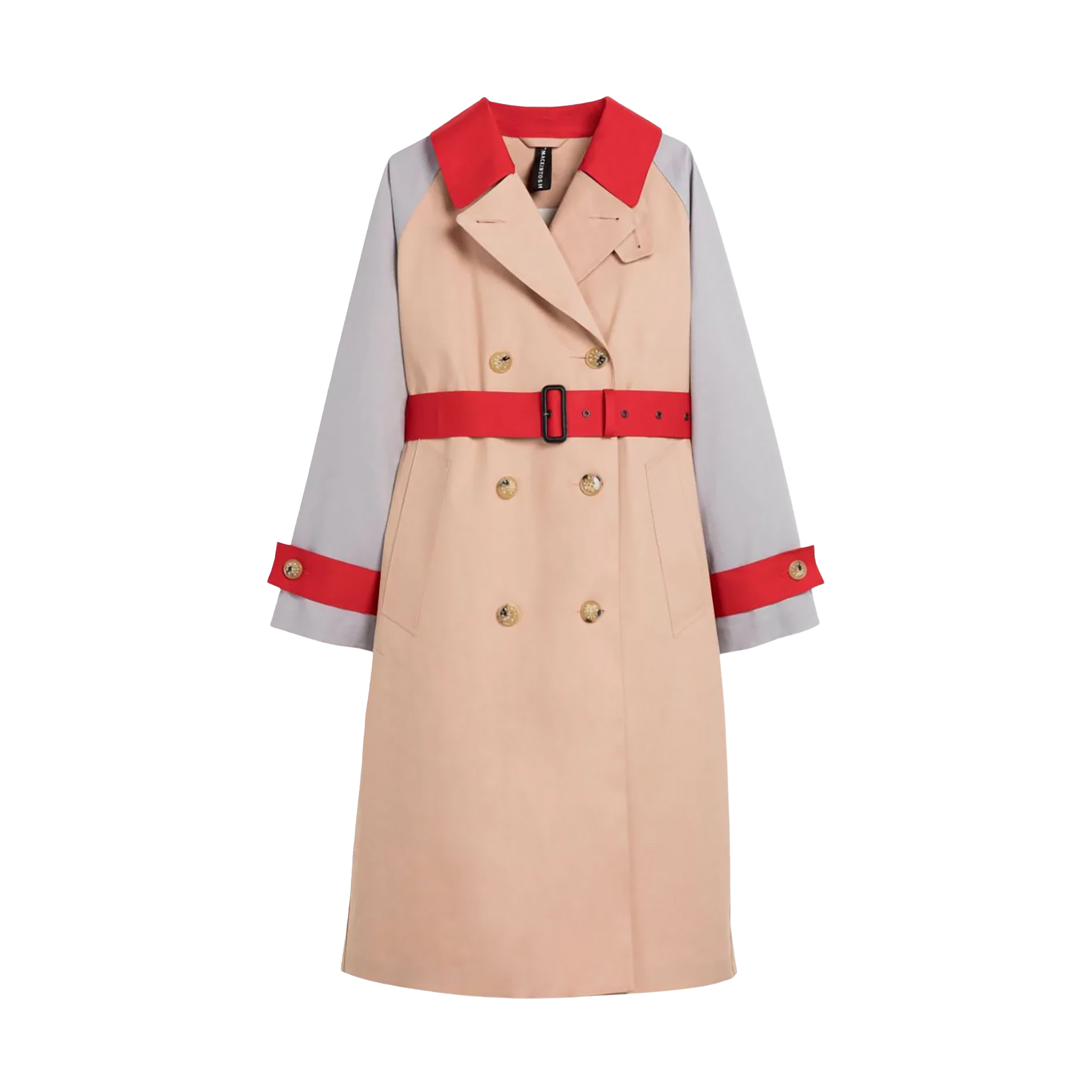 The Mackintosh W Ava trench coat, featuring a beige front, red collar, buckled belt, gold buttons, and light blue sleeves, captures the timeless appeal of classic Mackintosh style.