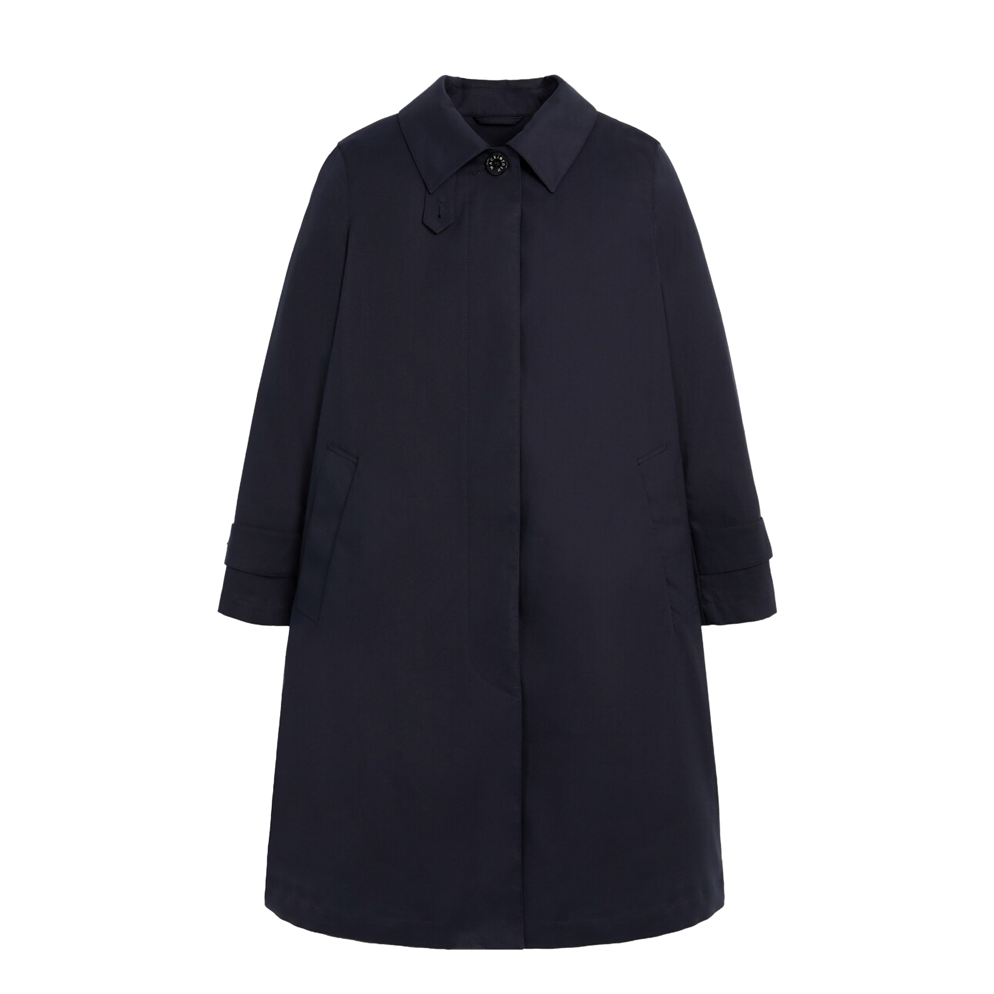 The W Banton trench coat by Mackintosh is a navy blue cotton piece with an A-line silhouette. It features long sleeves, a collar, button details, and side pockets. Crafted from water-repellent material for a stylish yet practical wear.
