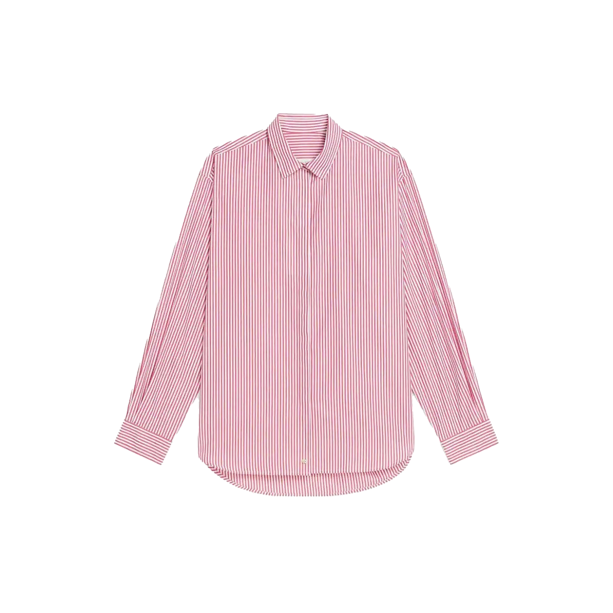 The Mackintosh W Bluebells LS Button Down features a red and white stripe pattern, long sleeves, and voluminous design on a white background.