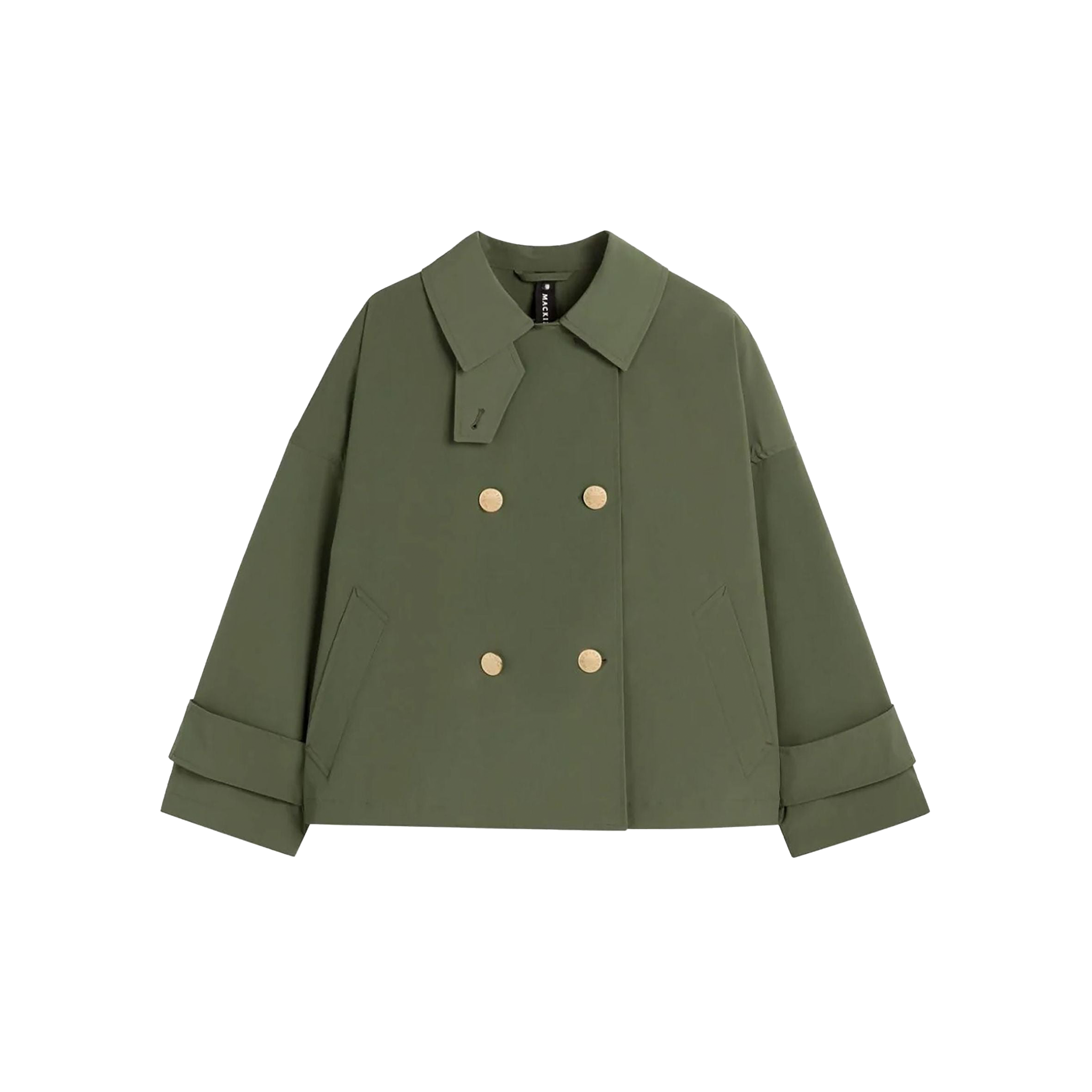 The W Humbie DB Short Nylon by Mackintosh is an olive green, water-repellent, double-breasted coat featuring gold buttons, wide lapels, and cuffed sleeves.