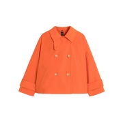 The W Humbie DB Short Nylon by Mackintosh is an orange double-breasted coat featuring wide cuffs, a notched collar, and two front pockets; it also offers water-repellent protection for added durability.