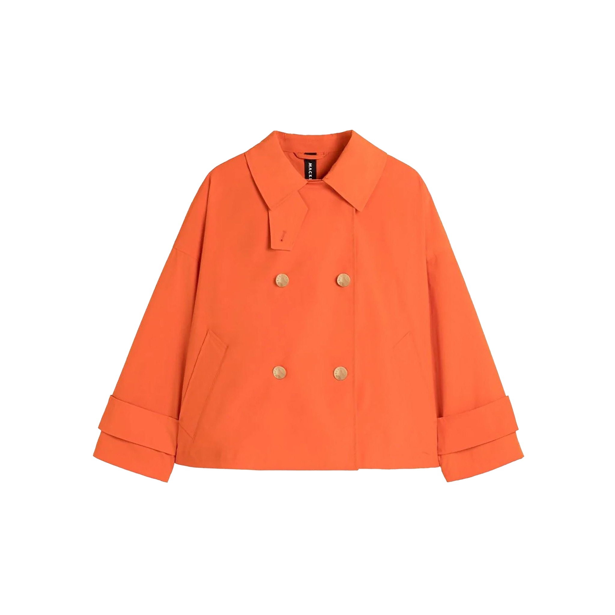 The W Humbie DB Short Nylon by Mackintosh is an orange double-breasted coat featuring wide cuffs, a notched collar, and two front pockets; it also offers water-repellent protection for added durability.