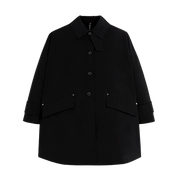 A black, button-up, long-sleeved Mackintosh W Humbie Nylon coat with a collar and two front pockets lies flat against a white background, showcasing its water-repellent nylon features.