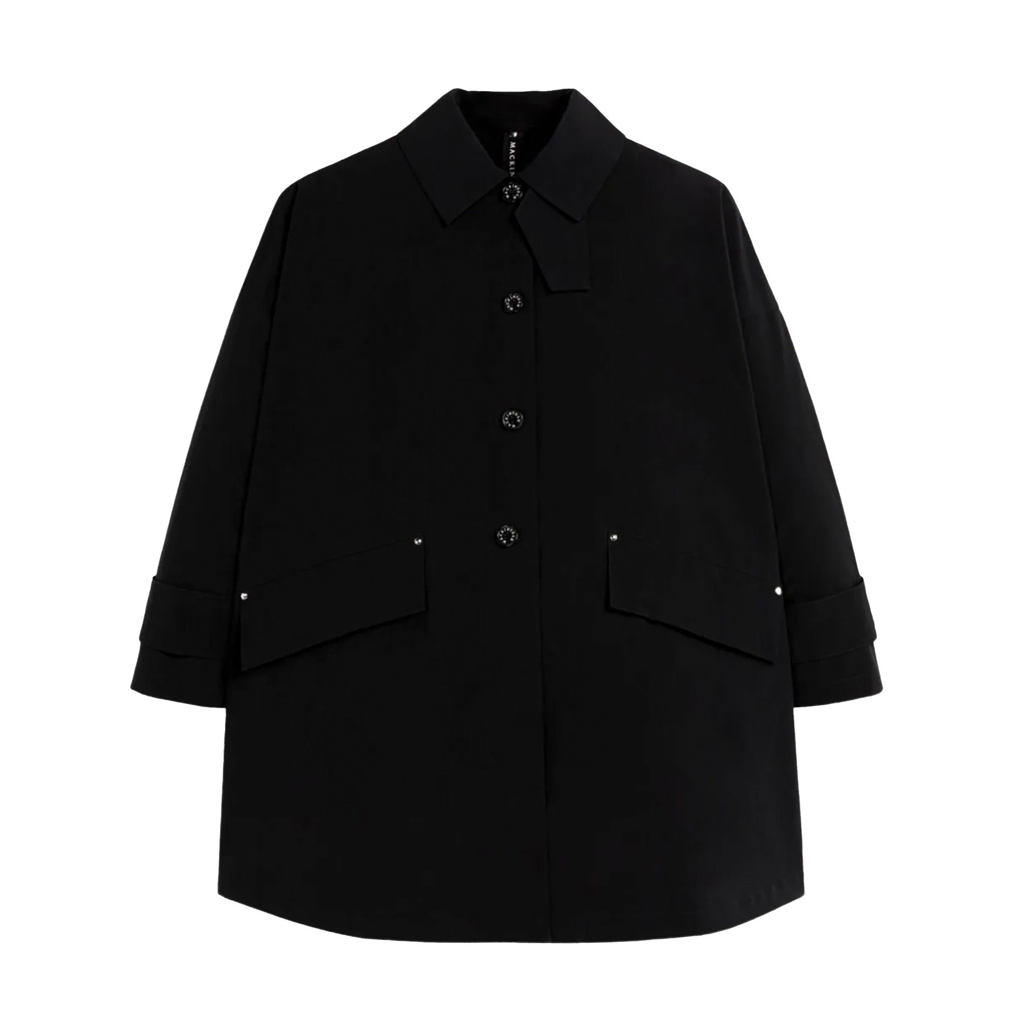 A black, button-up, long-sleeved Mackintosh W Humbie Nylon coat with a collar and two front pockets lies flat against a white background, showcasing its water-repellent nylon features.
