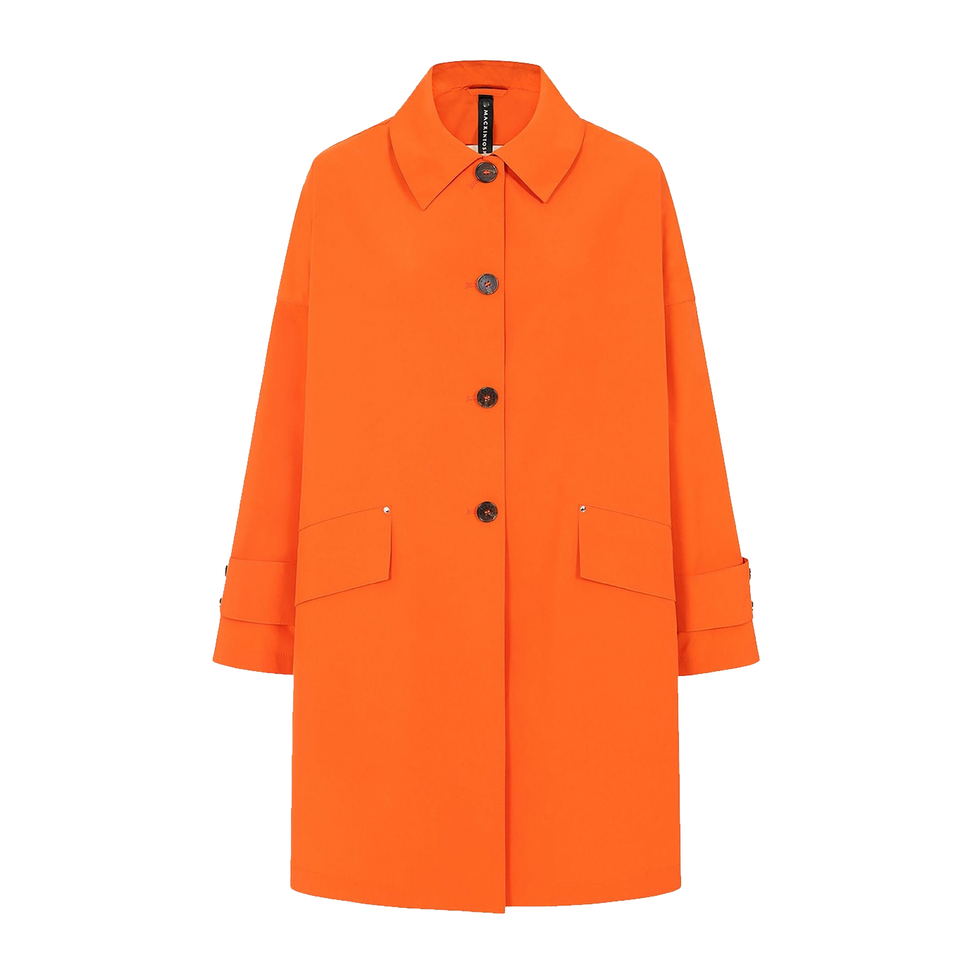 The W Humbie Nylon from Mackintosh is a bright orange coat featuring a collar, four front buttons, two front pockets with flaps, and buttoned cuffs. It is made from water-repellent nylon for added durability.
