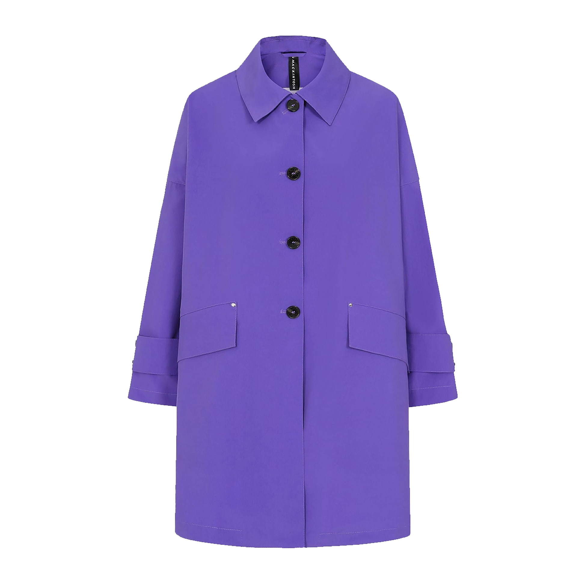 Mackintosh's W Humbie Nylon coat features a purple long-sleeve design with a button-down front, two large front pockets, and a pointed collar, all crafted from water-repellent nylon.