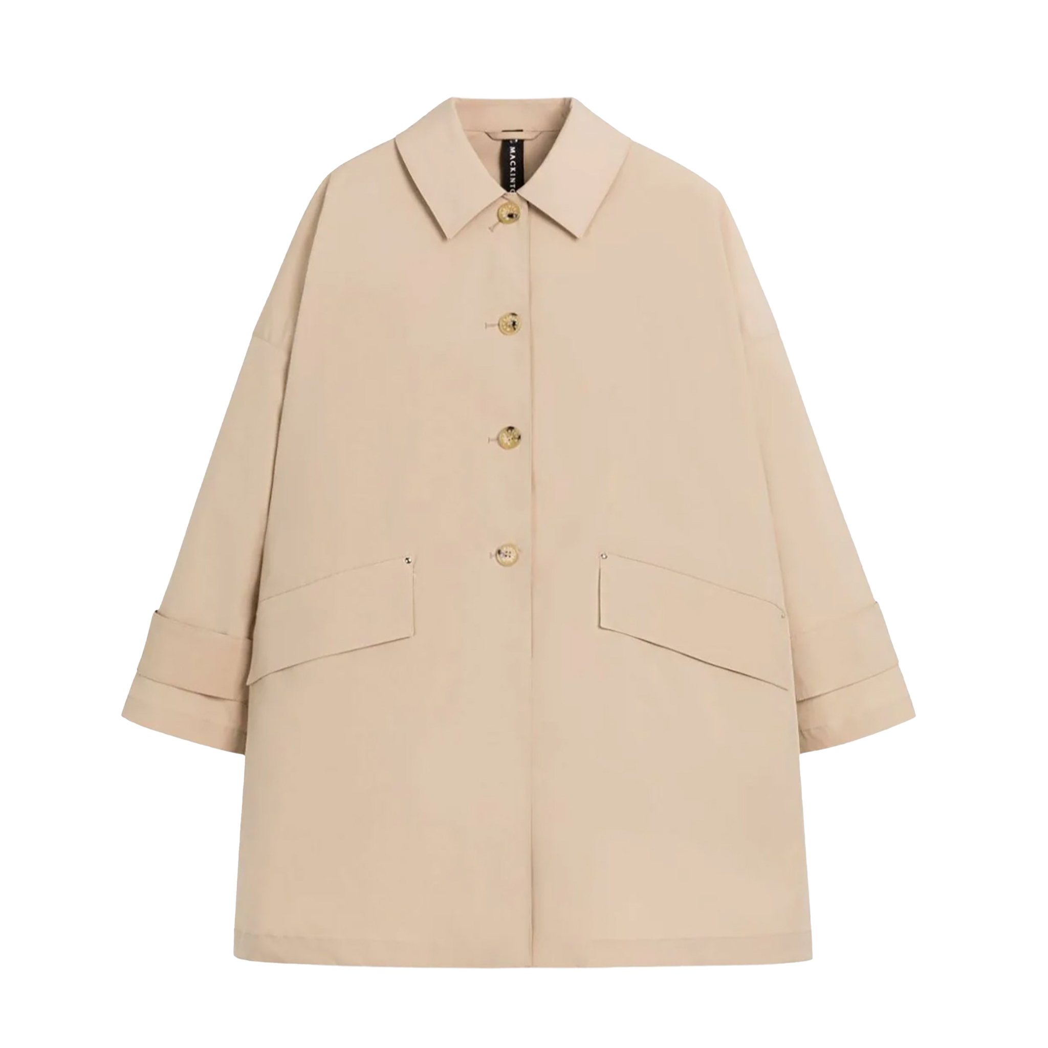 A beige, collared, long-sleeved Mackintosh W Humbie Nylon coat with a button-up front and large side pockets, crafted from water-repellent nylon, is displayed against a white background.