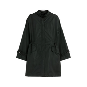 Presenting the W Humbie packable by Mackintosh: a dark green parka with long sleeves, expertly crafted from lightweight nylon, featuring a high collar and two front pockets.