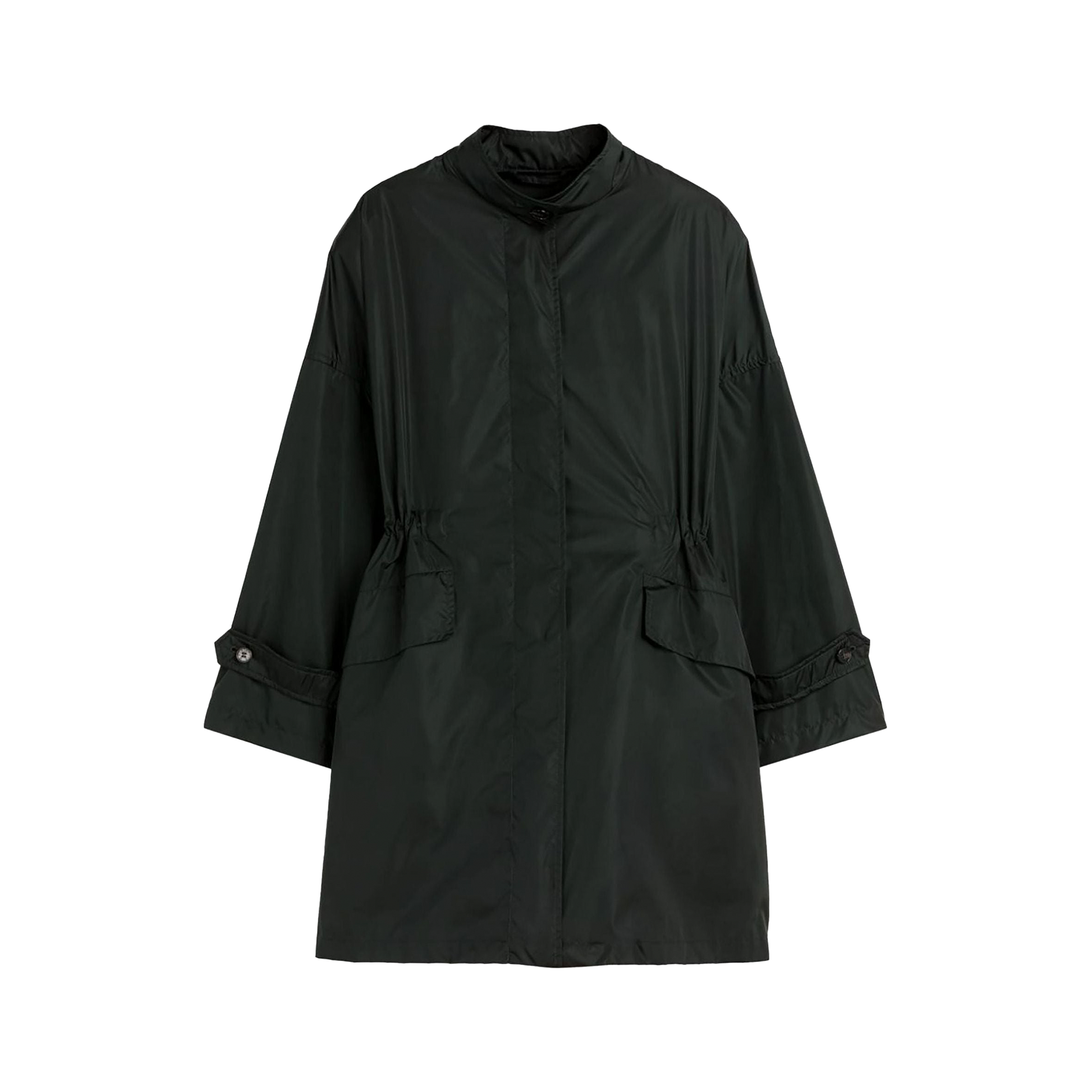 Presenting the W Humbie packable by Mackintosh: a dark green parka with long sleeves, expertly crafted from lightweight nylon, featuring a high collar and two front pockets.