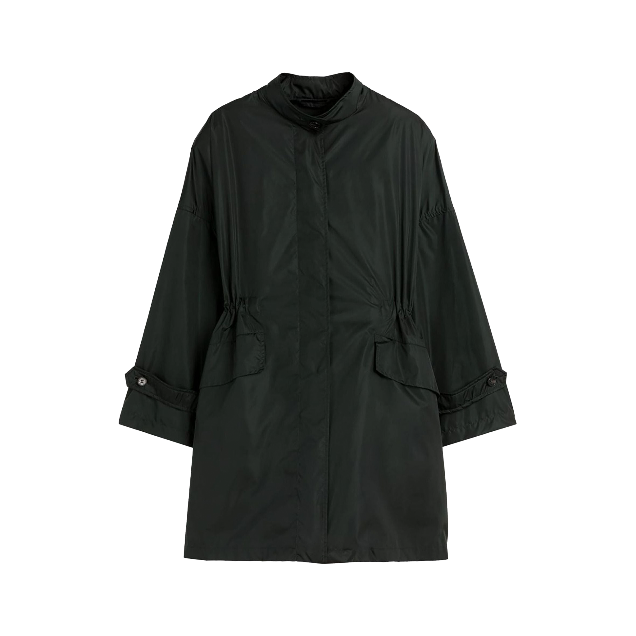 Presenting the W Humbie packable by Mackintosh: a dark green parka with long sleeves, expertly crafted from lightweight nylon, featuring a high collar and two front pockets.